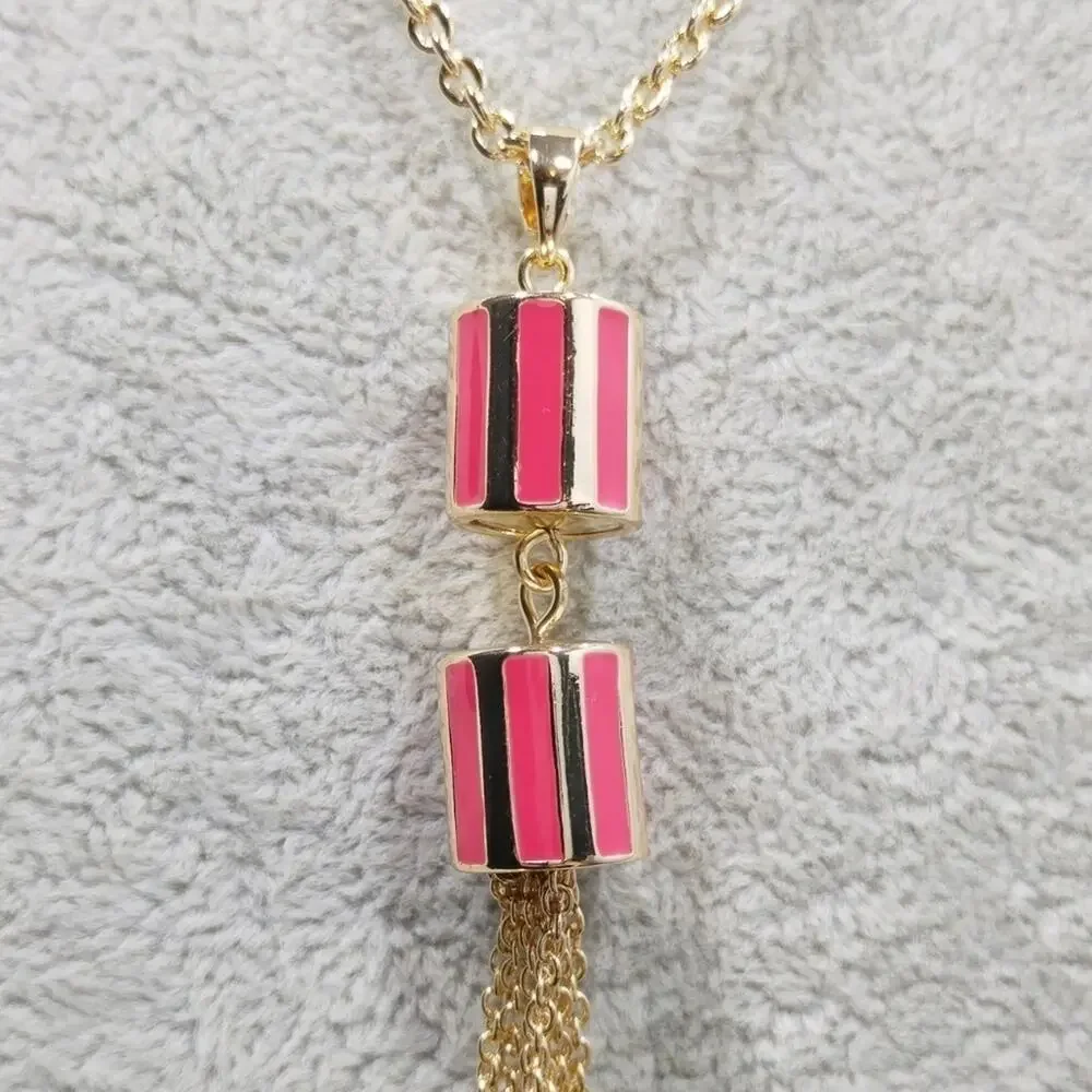 Talbots Gold Tassel Long Necklace, Red Enamel Beads, New With Tags